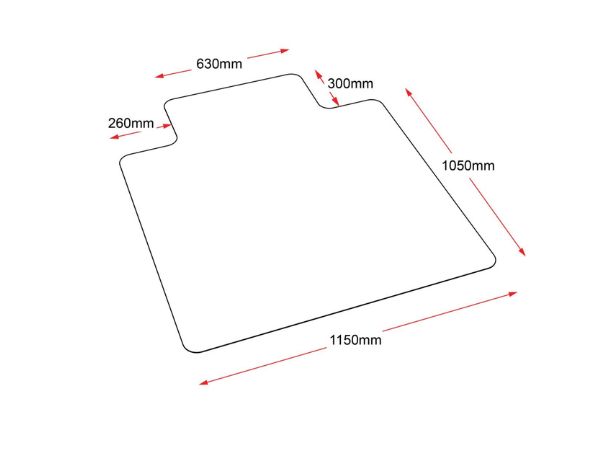 A technical line drawing of a chair mat with dimensions labeled, showcasing its ergonomic design and compatibility with various office setups.