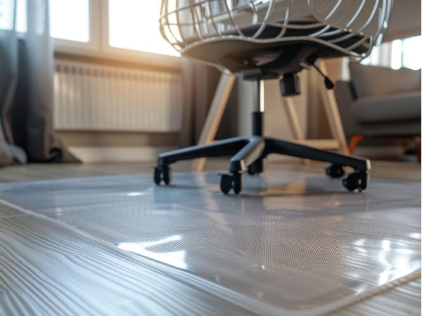 A close-up of a modern office chair on a transparent chair mat placed over a hard floor, capturing the protective qualities and seamless integration into the workspace.