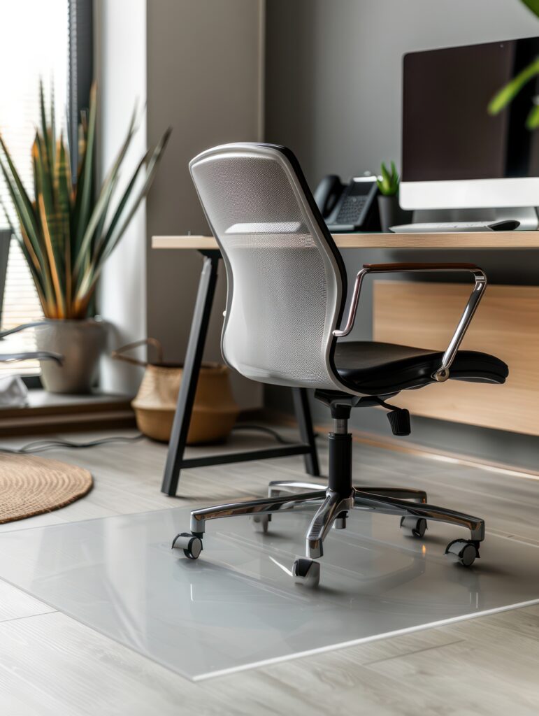 A modern office setup featuring a sleek chair placed on a transparent chair mat over a light hardwood floor, protecting the surface while providing smooth chair movement.