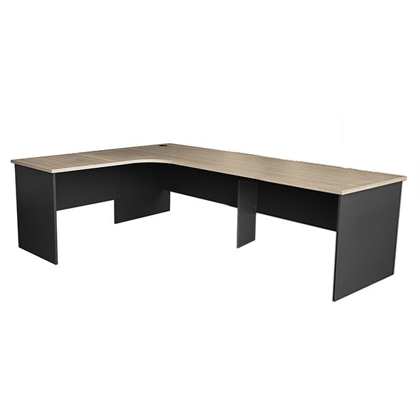 Corner workstation with right-hand return in Tawny Line Wood and Fossil Grey from the Urban Range.