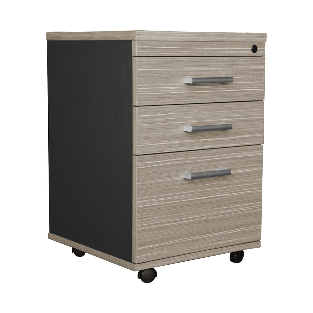 Mobile pedestal with two stationery drawers and one file drawer in the Urban Melamine Range, Bunbury.