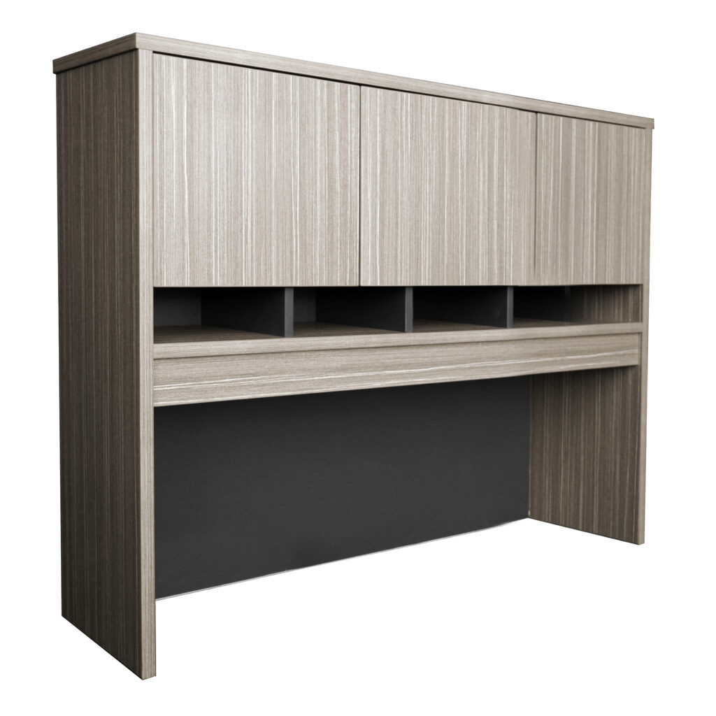 Four-door executive hutch in Tawny Line Wood and Fossil Grey from the Qubic Urban Melamine Range.