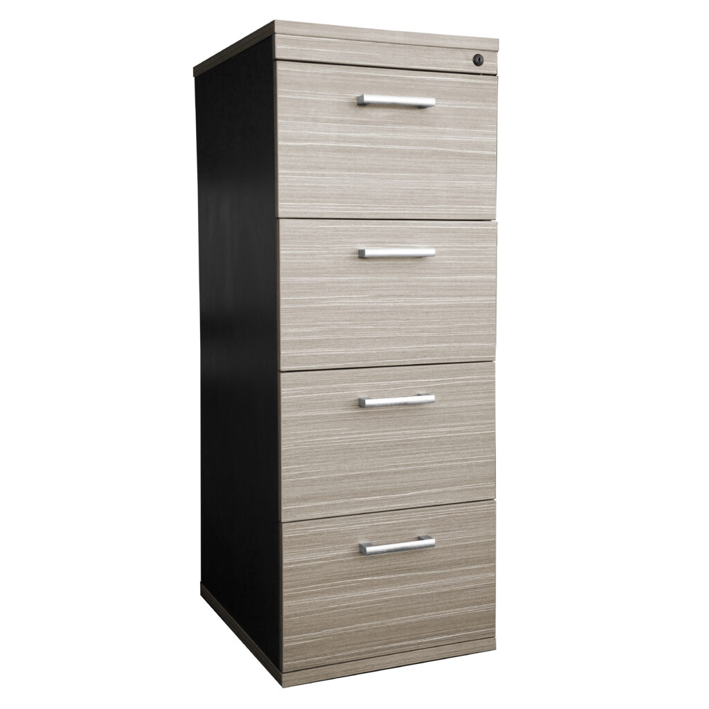 Four-drawer filing cabinet in the Urban Melamine Range featuring sleek silver handles and lockable drawers.