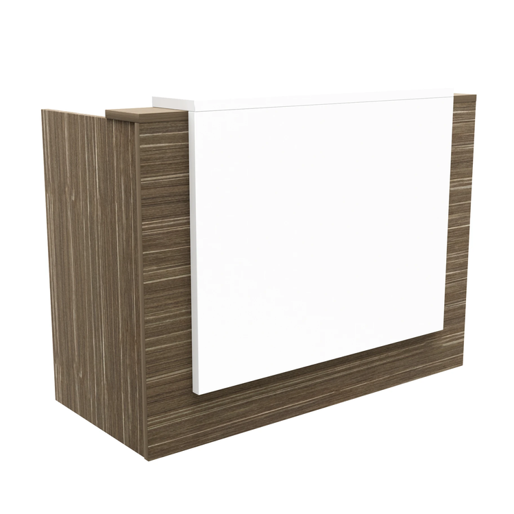 Compact Frontline reception counter in Urban Melamine two-tone finish, ideal for small office spaces.