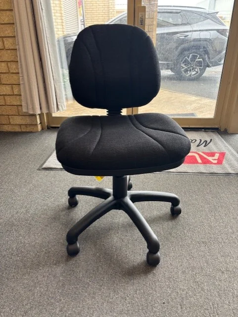 KC Topaz typist chair in black fabric with ergonomic backrest, locally made by Vogue Office Furniture Bunbury.