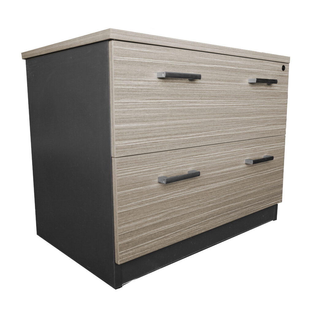 Lateral filing cabinet with two wide drawers in the Urban Melamine Range, perfect for office document storage.