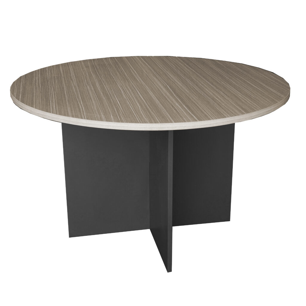 Round meeting table with two-tone Tawny Line Wood and Fossil Grey finish from the Qubic Urban Range.