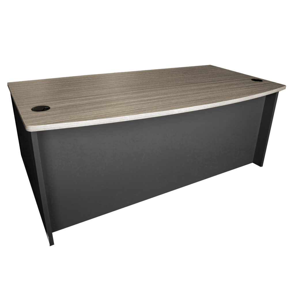 Bow front executive desk from the Qubic Urban Melamine Range featuring curved desktop design.