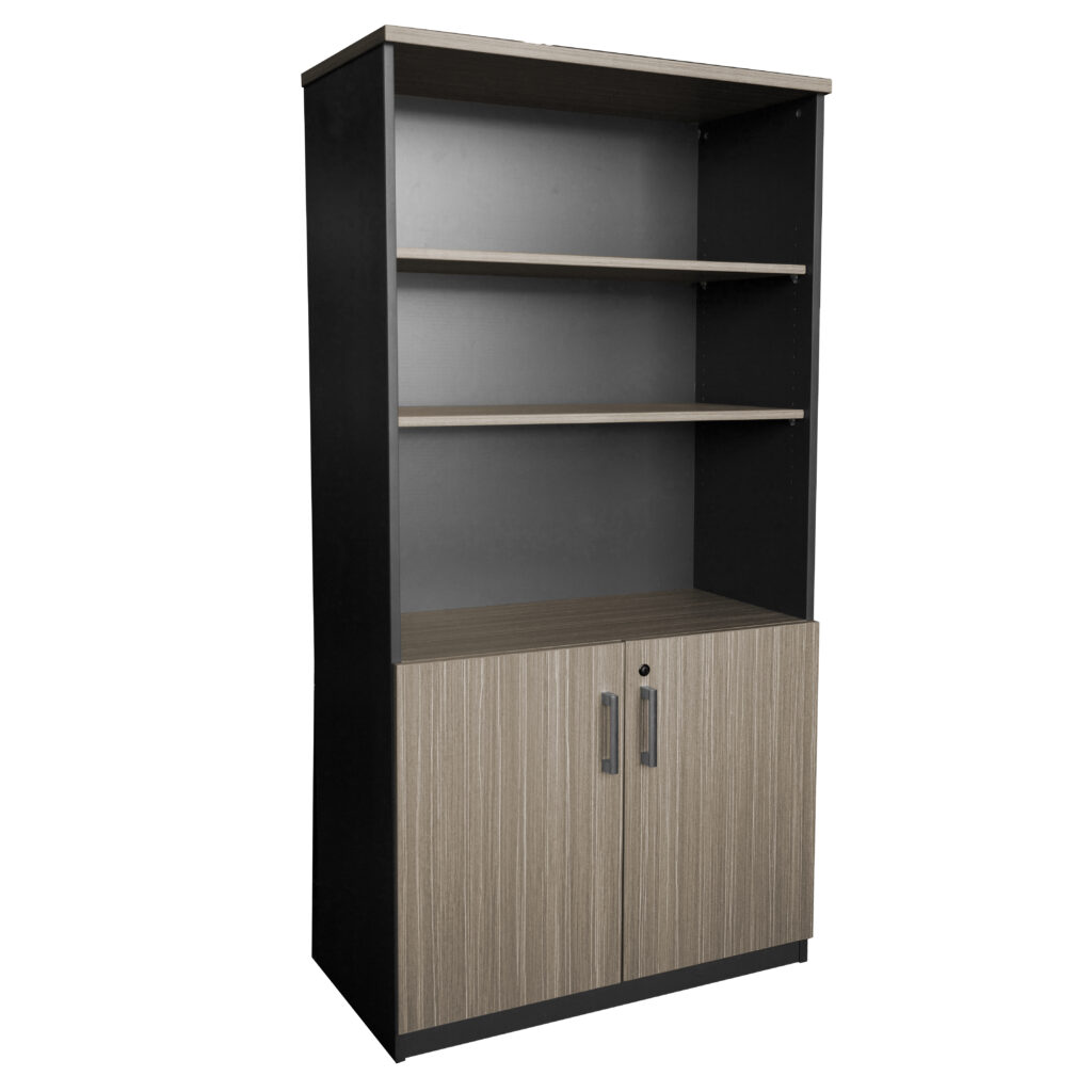 Half-door cabinet hutch from the Urban Melamine Range featuring open shelving and lower lockable doors.