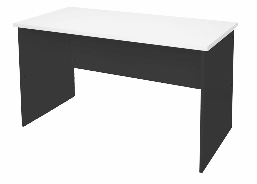 Rapid Worker Slab End Desk - Natural White top with Ironstone base - minimalist workstation with cable ports.