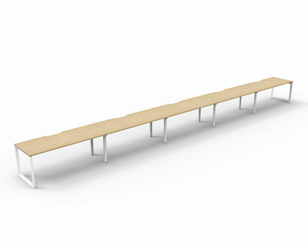 Infinity Single Sided Loop Leg Workstation in Natural Oak with White Satin frame, 5-person configuration designed for open-plan offices — Vogue Office Furniture Bunbury.