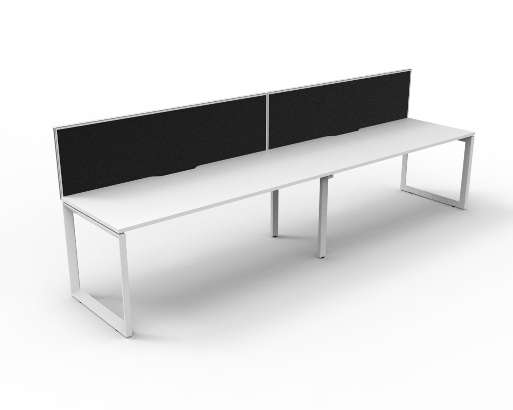 Two-person Infinity Single Sided Loop Leg Workstation in Natural White with White Satin base and black acoustic privacy screens — ideal for collaborative workspaces.