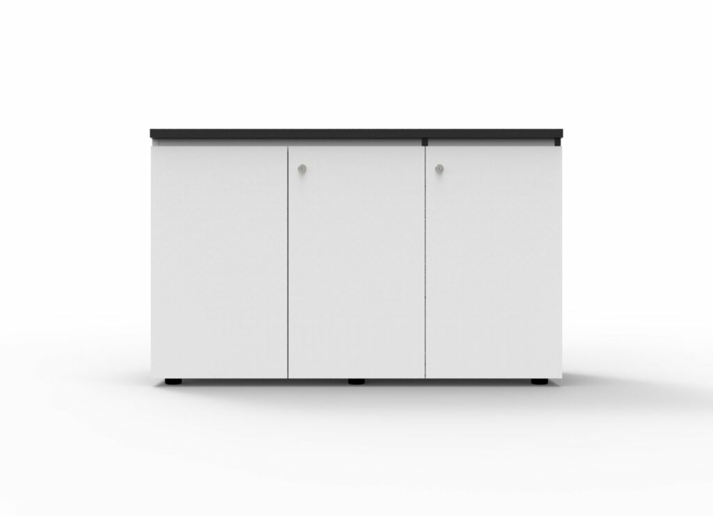 Infinity Swing Door Cupboard – 1200 mm wide Natural White model with black edging – lockable cabinet with adjustable feet available from Vogue Office Furniture Bunbury.