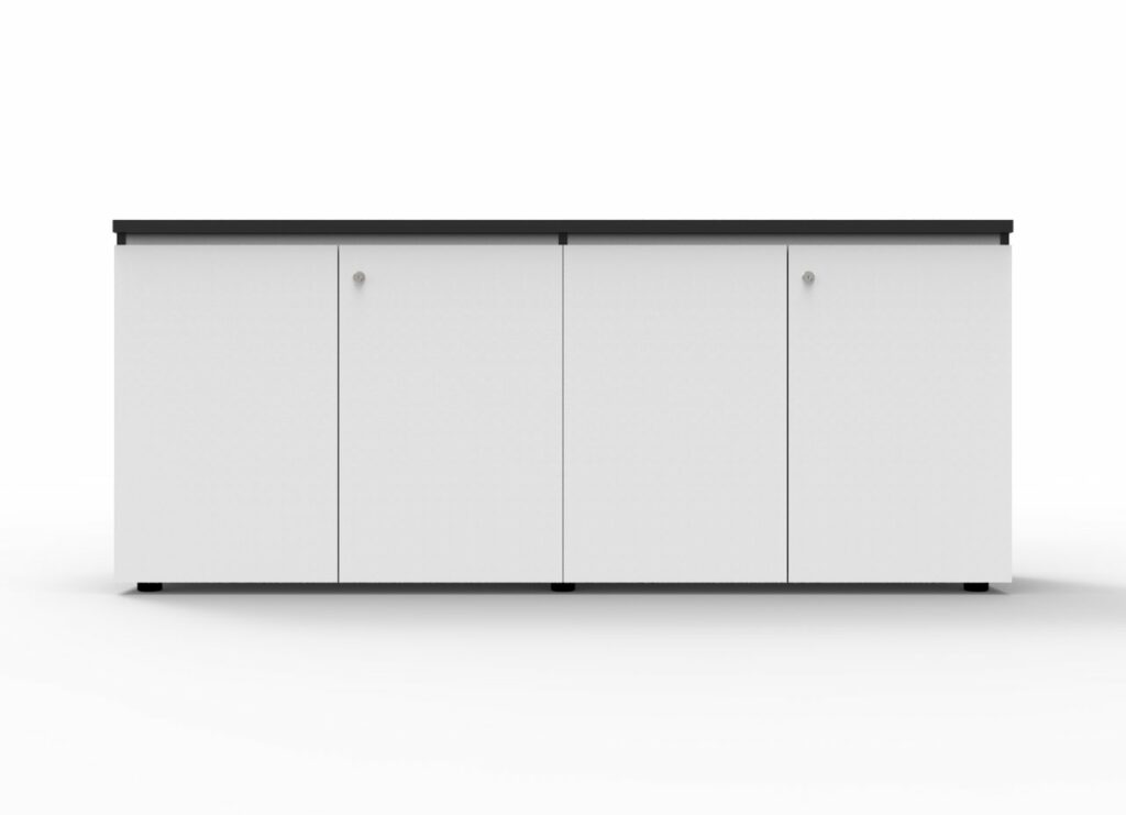 Infinity Swing Door Cupboard – 1800 mm wide Natural White version featuring black rigid edging and shark nose handle – available from Vogue Office Furniture Bunbury.