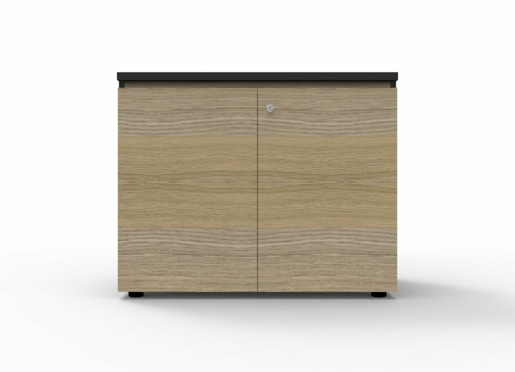 Infinity Swing Door Cupboard – Natural Oak finish with black top and rigid edging – lockable storage cupboard available from Vogue Office Furniture Bunbury.