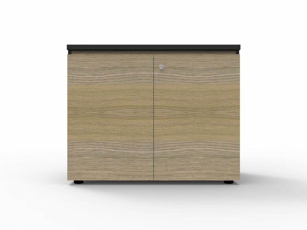Infinity Swing Door Cupboard – Natural Oak finish with black top and rigid edging – lockable storage cupboard available from Vogue Office Furniture Bunbury.