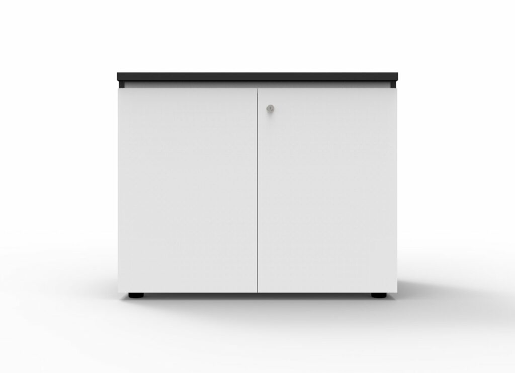 Infinity Swing Door Cupboard – Natural White finish with black top and edging – modern office storage unit available from Vogue Office Furniture Bunbury.