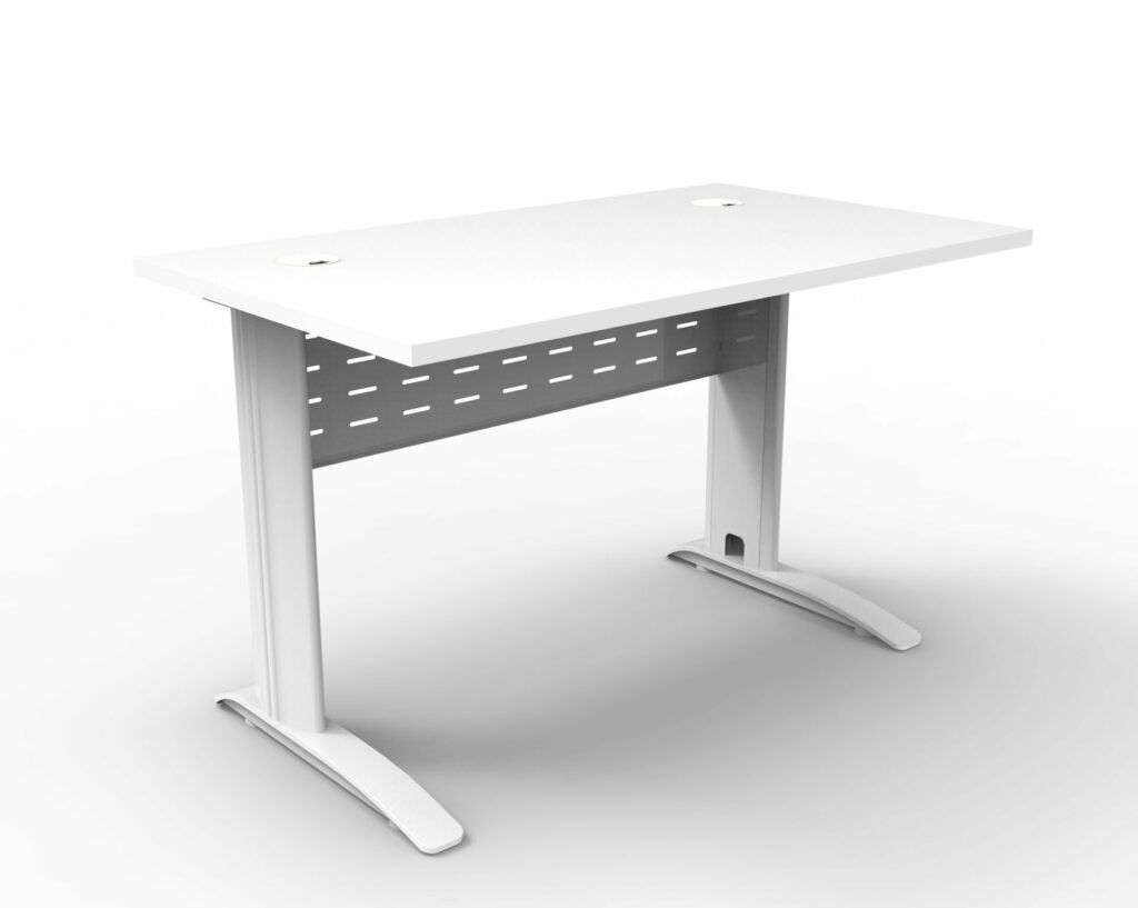 White Deluxe Rapid Span Desk with powder-coated white frame and modesty panel, featuring cable ports and a minimalist modern design – available at Vogue Office Furniture Bunbury.