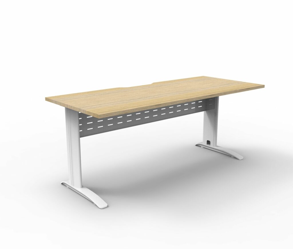 Deluxe Rapid Span Desk with Natural Oak top and white powder-coated frame, perforated modesty panel and cable cut-outs, designed for commercial offices in Bunbury.