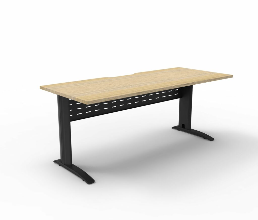 Deluxe Rapid Span Desk in Natural Oak with black powder-coated frame and perforated modesty panel, a stylish workstation available from Vogue Office Furniture Bunbury.