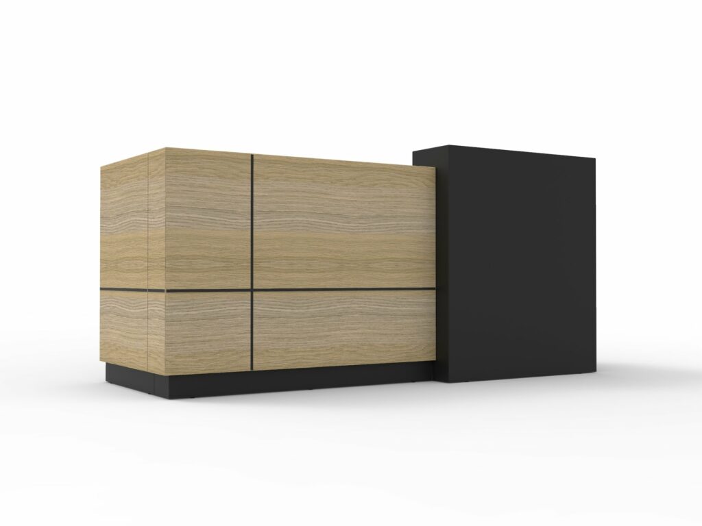 Sempre Reception Counter – Natural Oak and Black finish – professional reception counter with aluminium feature strips, available from Vogue Office Furniture Bunbury.