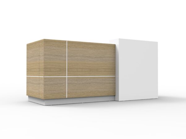Sempre Reception Counter – Natural Oak and White finish – sleek, modern reception desk with privacy counter, available from Vogue Office Furniture Bunbury.