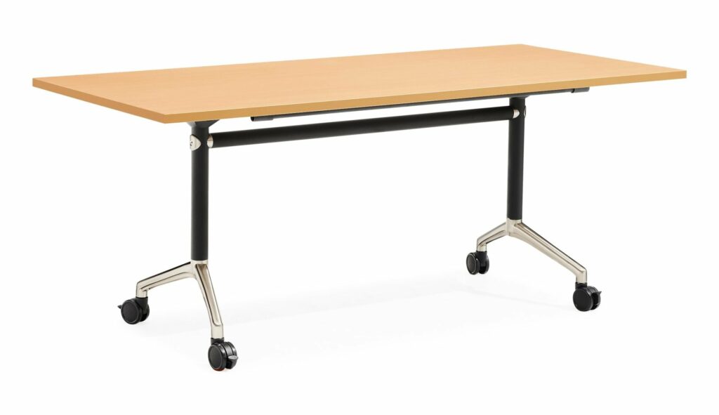 Typhoon Flip Top Table – Natural Oak finish with black frame and polished aluminium feet – available from Vogue Office Furniture Bunbury.
