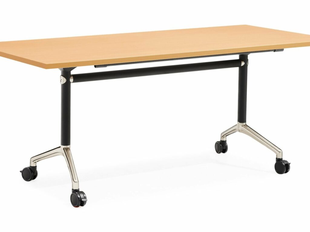 Typhoon Flip Top Table – Natural Oak finish with black frame and polished aluminium feet – available from Vogue Office Furniture Bunbury.
