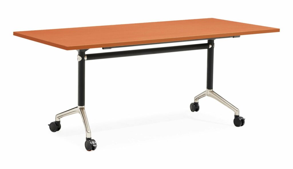 Typhoon Flip Top Table – Cherry top with black frame and polished aluminium feet – sleek meeting table available from Vogue Office Furniture Bunbury.