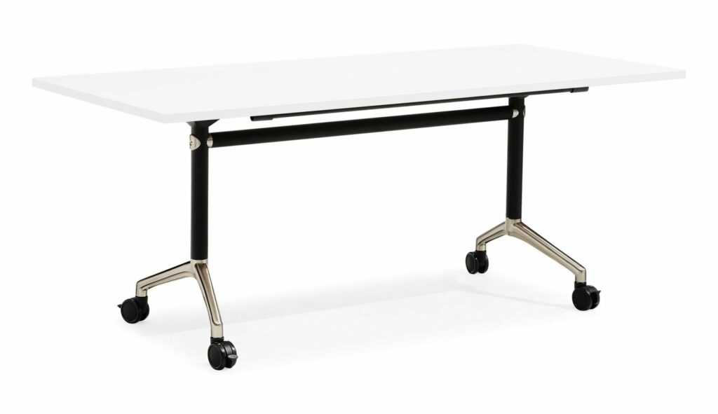 Typhoon Flip Top Table – Natural White top with black frame and polished aluminium feet – modern conference table available from Vogue Office Furniture Bunbury.