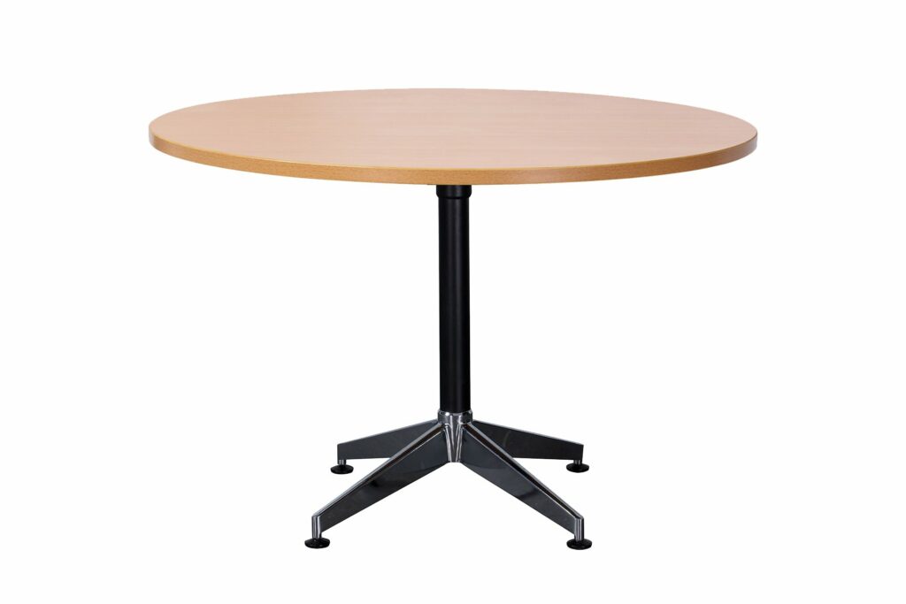 Typhoon 4 Star Round Table – Beech top with chrome base – sleek commercial table available from Vogue Office Furniture Bunbury.