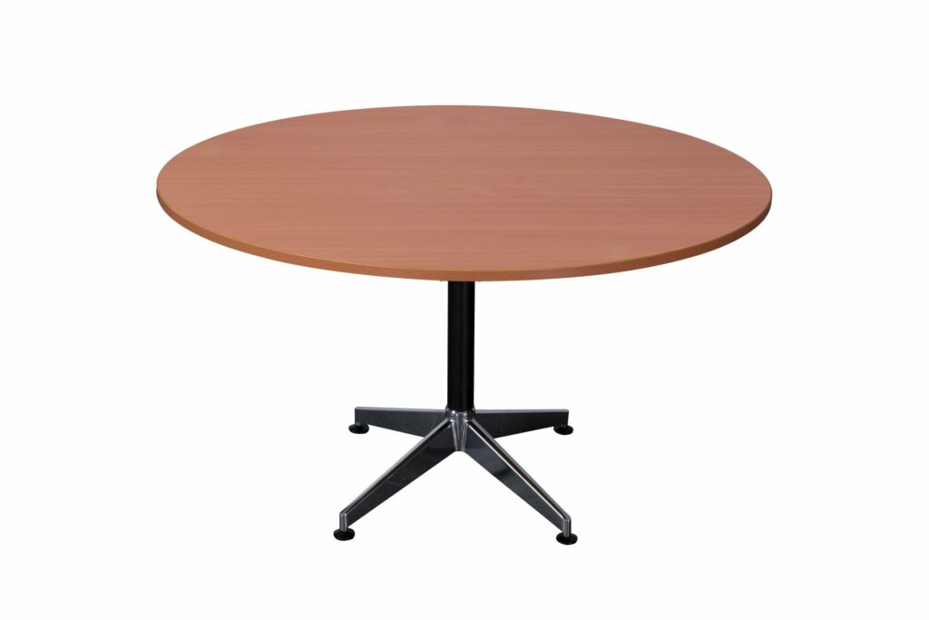 Typhoon 4 Star Round Table – Cherry top with chrome base and black stem – stylish meeting table for office spaces in Bunbury.