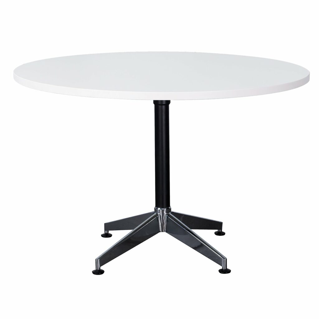 Typhoon 4 Star Round Table – Natural White top with polished aluminium base – modern meeting table available from Vogue Office Furniture Bunbury.