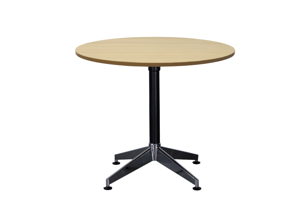 Typhoon 4 Star Round Table – Natural Oak finish with chrome base and black stem – available from Vogue Office Furniture Bunbury.