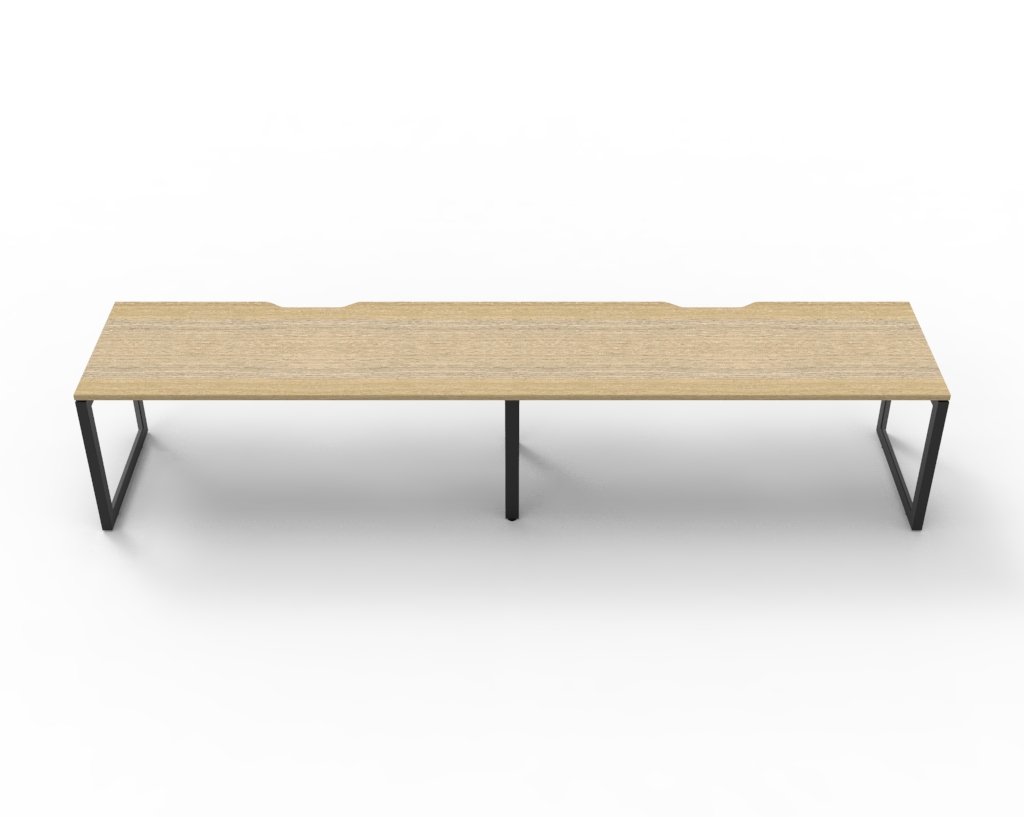 Two-person Infinity Loop Leg Desk in Natural Oak with Black Satin legs, featuring scalloped cable management cut-outs — commercial workstation setup.