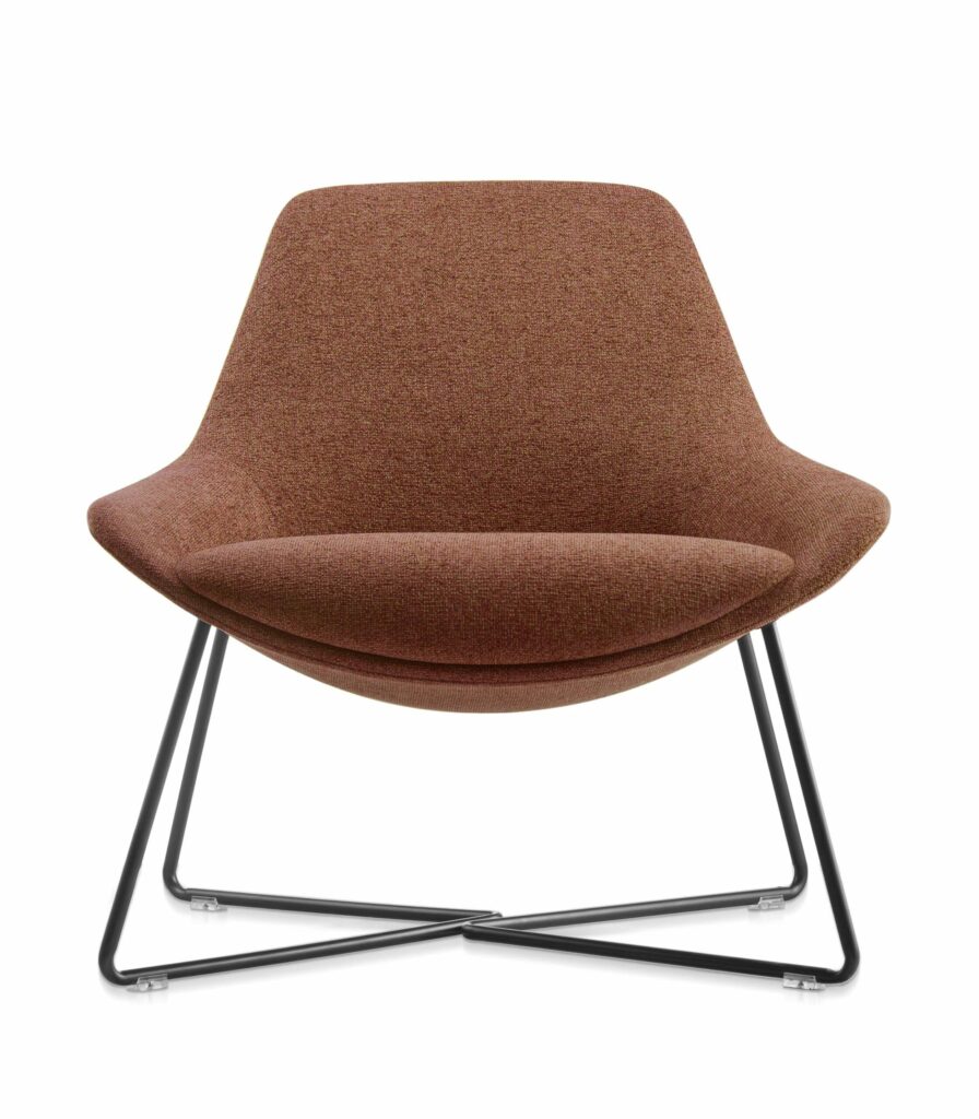 Lutie Cross Lounge Chair – Rust fabric side view – modern comfort chair on black steel base, available from Vogue Office Furniture Bunbury