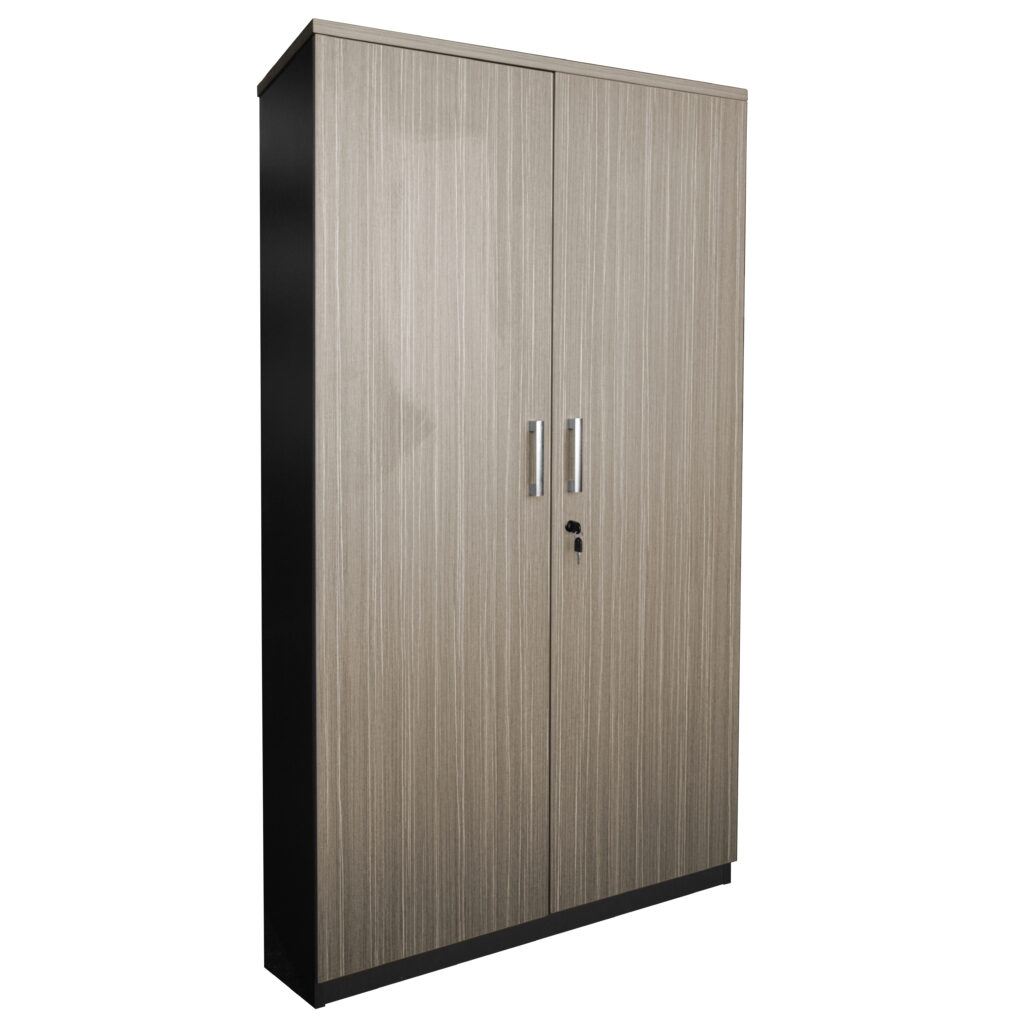 Stationary cupboard in the Urban Melamine Range with full-height double doors and secure lockable handles.