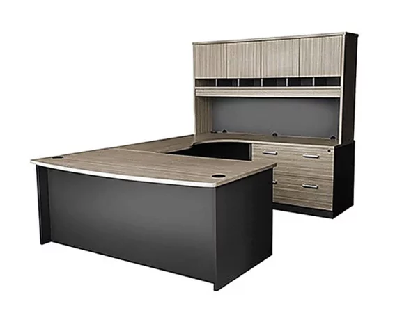 Executive workstation from the Urban Melamine Range in Tawny Line Wood and Fossil Grey finish.