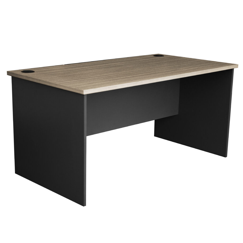 Straight office desk in the Urban Melamine Range with modern two-tone finish in Tawny Line Wood and Fossil Grey.