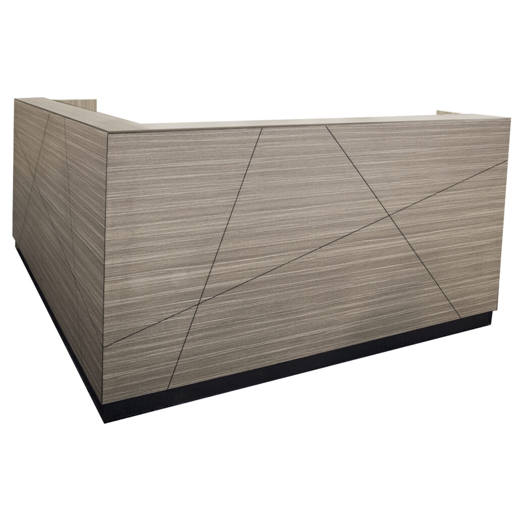 L-shaped Urban Line reception counter in Tawny Line Wood and Fossil Grey at Vogue Office Furniture.