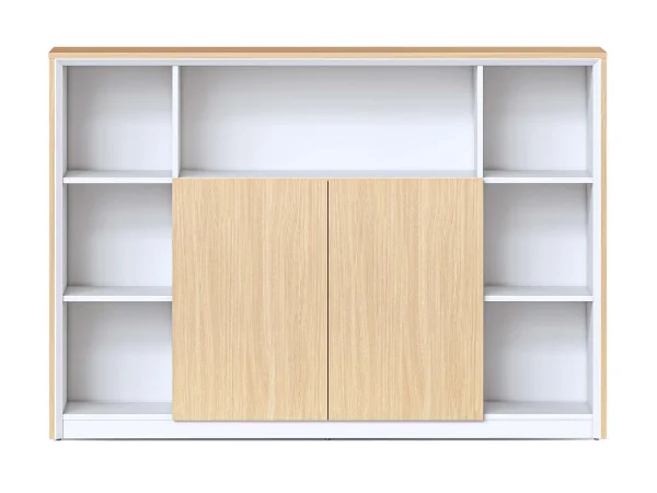 Front view of Casa Shelving & Storage Unit showing open shelving, cubbies and central double door storage in Natural Oak and Natural White