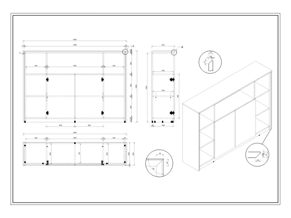 Technical line drawing of Casa Shelving & Storage Unit showing dimensions, internal compartments and storage layout