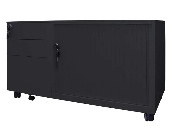GO Steel Mobile Caddy with right hand tambour door in black finish, featuring lockable drawers and mobile storage design, by Vogue Office Furniture Bunbury
