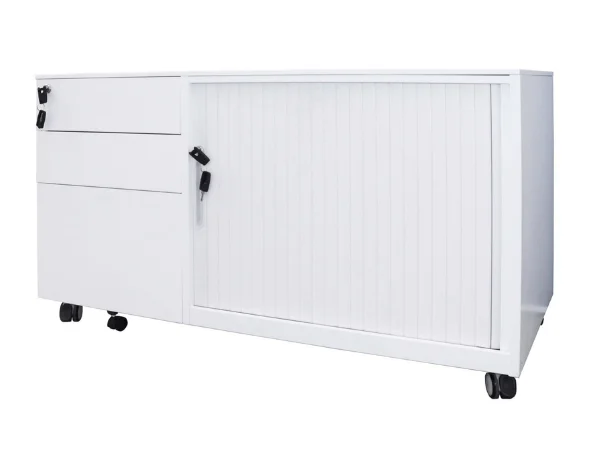 GO Steel Mobile Caddy with right hand tambour door in white finish, showing lockable drawers and mobile pedestal, by Vogue Office Furniture Bunbury